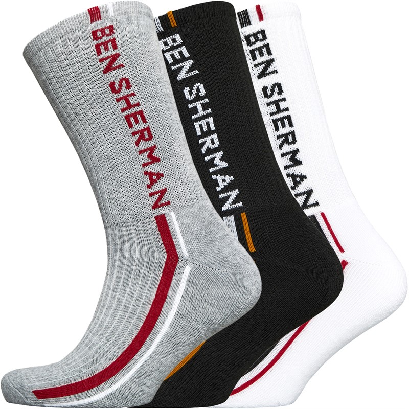 Buy Ben Sherman Mens Colonel Three Pack Crew Socks Black/White/Grey