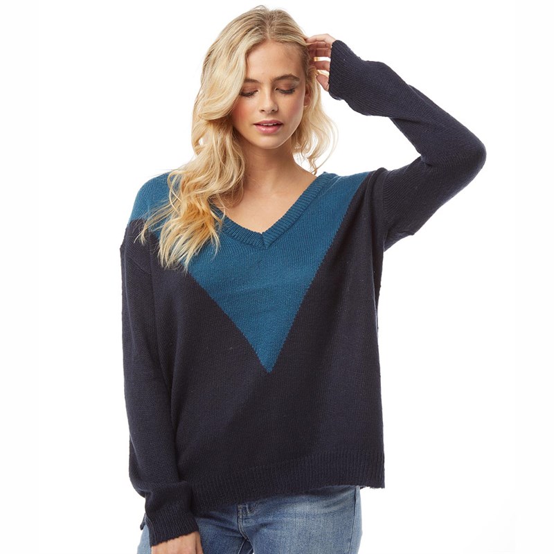 Buy Brave Soul Womens Chevron Loose Fit VNeck Jumper Teal/Dark Navy