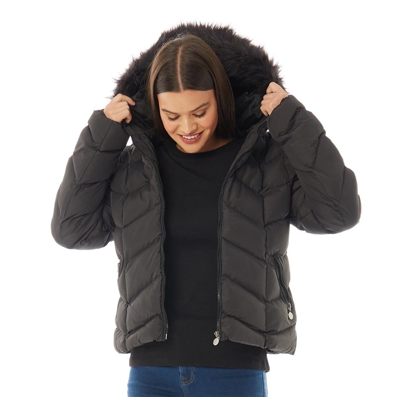 Black Padded Coat With Fur Hood Ladies Tradingbasis
