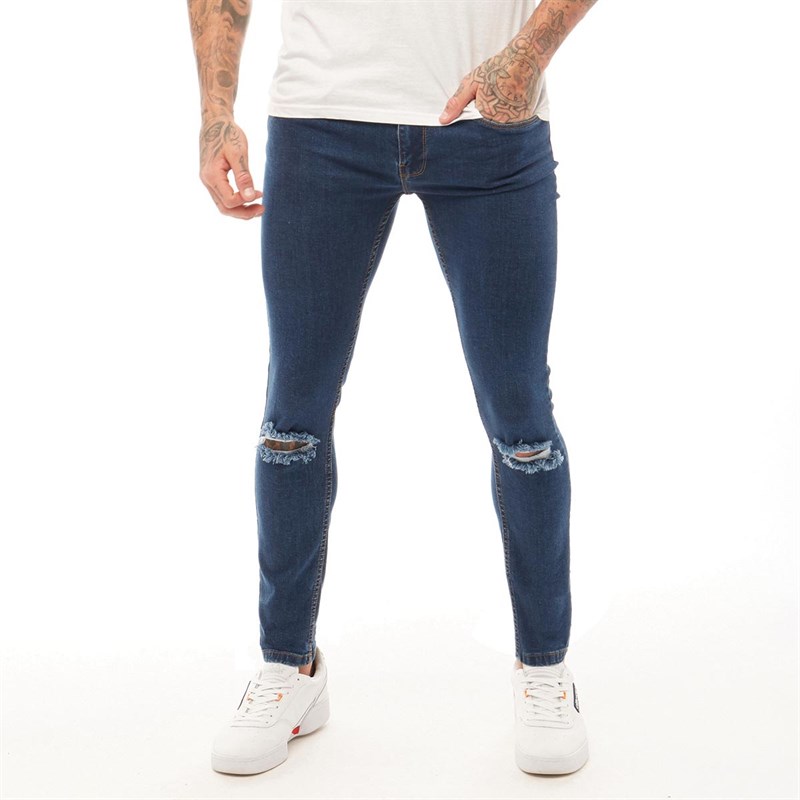 Buy DFND London Mens Leader Ripped Skinny Denim Jeans Mid Blue