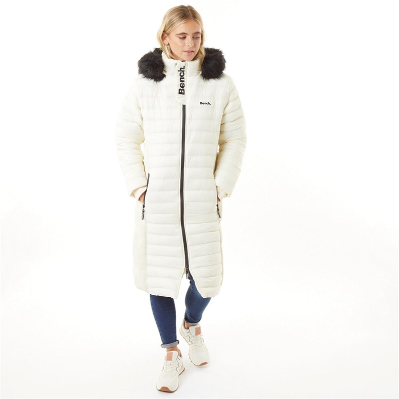 Buy Bench Womens Olive Long Length Puffer Jacket Off White