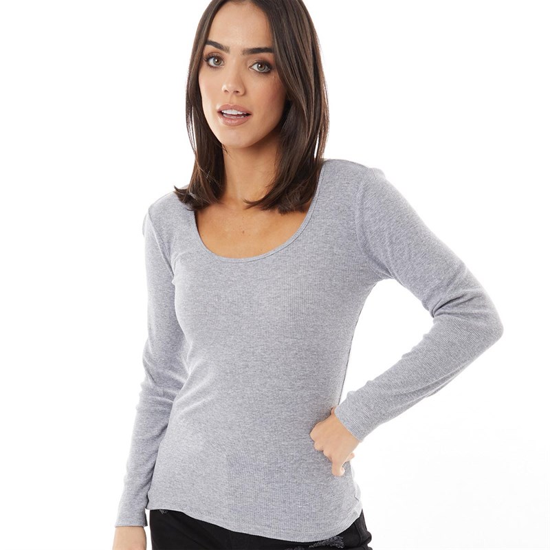Buy Fluid Womens Ribbed Scoop Neck Long Sleeve Top Grey Marl