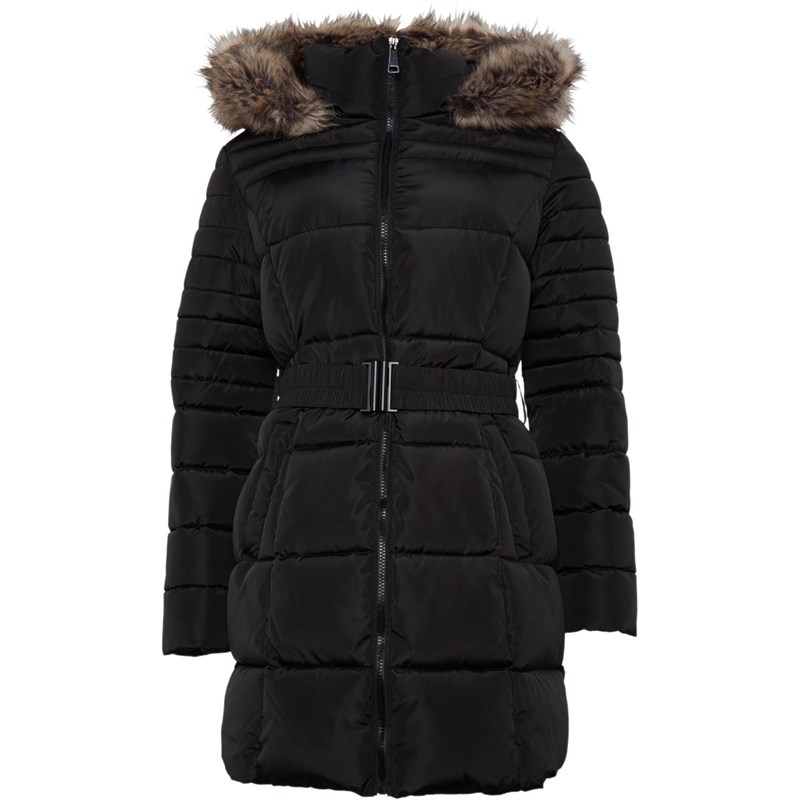 Buy Fluid Womens Belted Puffer With Fur Hood Black