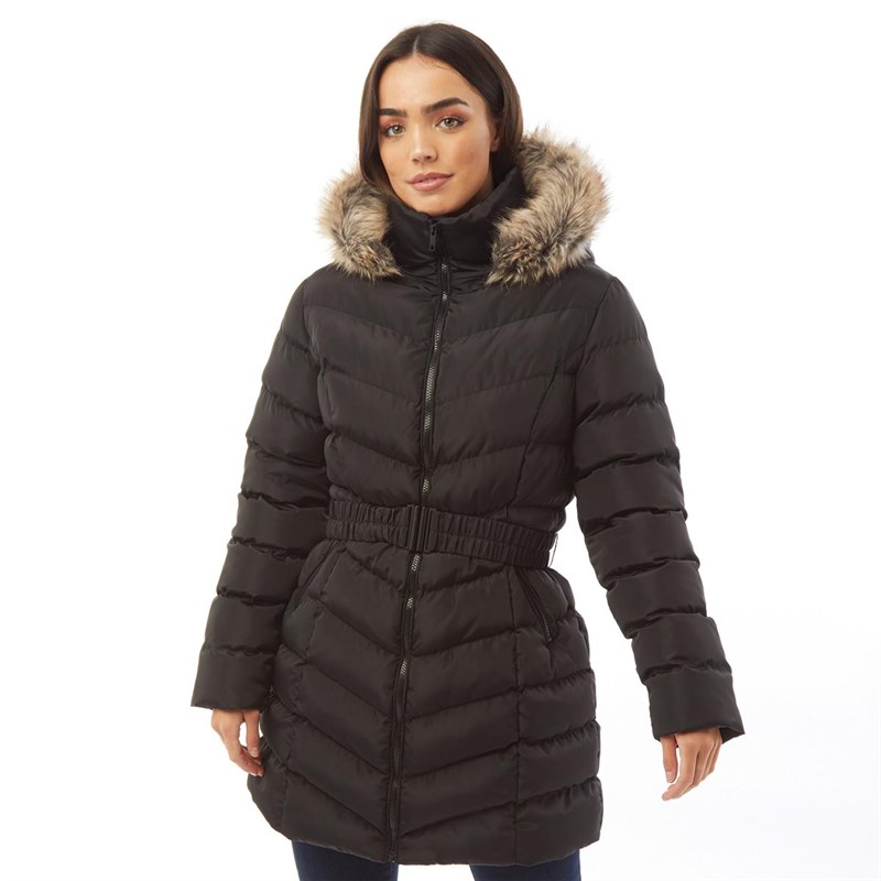 Buy Fluid Womens Belted Jacket With Fur Trim Hood Black