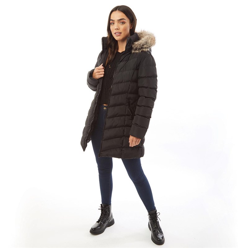 Buy Fluid Womens Belted Jacket With Fur Trim Hood Black