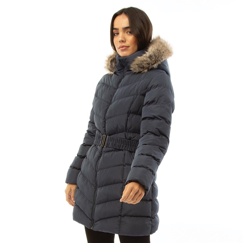 Buy Fluid Womens Belted Jacket With Fur Trim Hood Moon Indigo