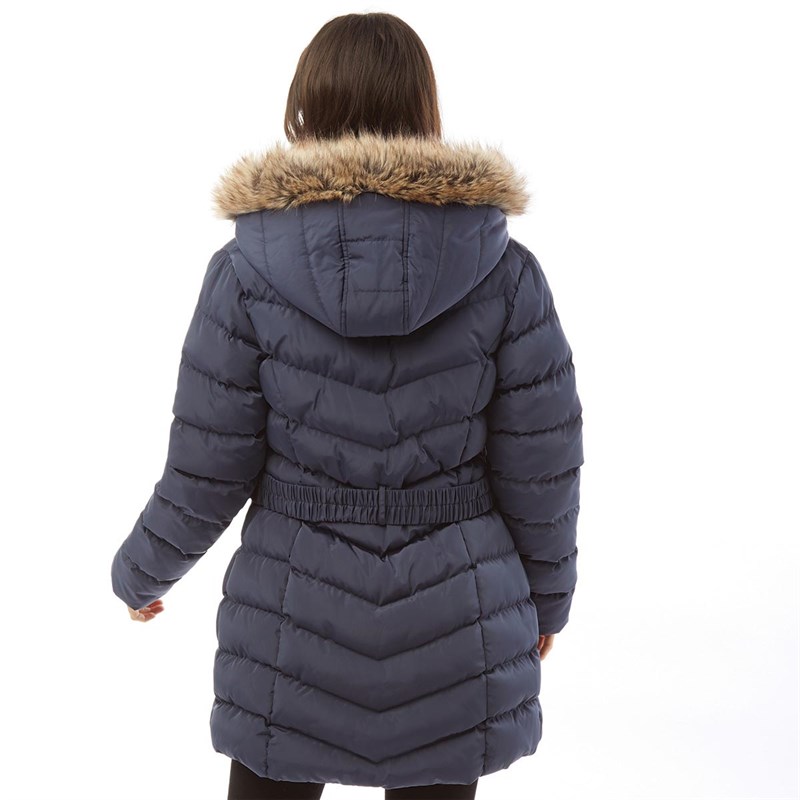 Buy Fluid Womens Belted Jacket With Fur Trim Hood Moon Indigo