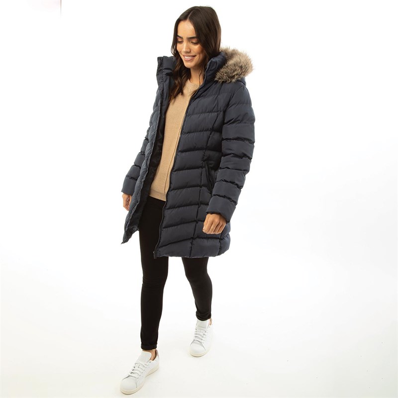 Buy Fluid Womens Belted Jacket With Fur Trim Hood Moon Indigo