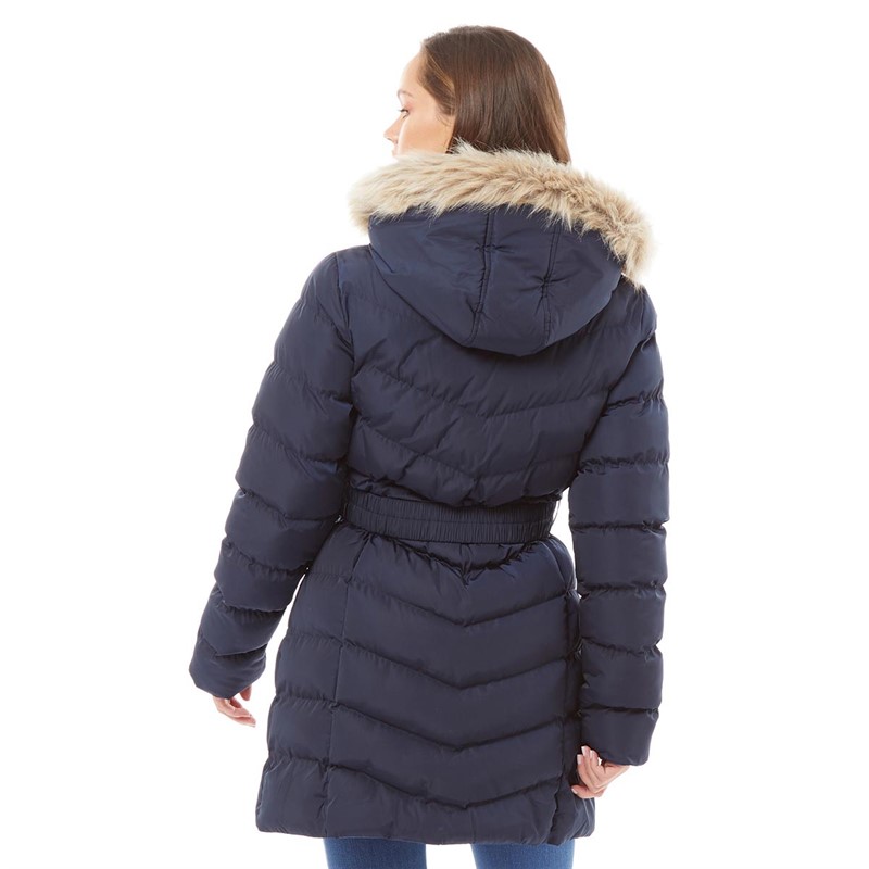 Buy Fluid Womens Belted Jacket With Faux Fur Trim Hood Moon Indigo