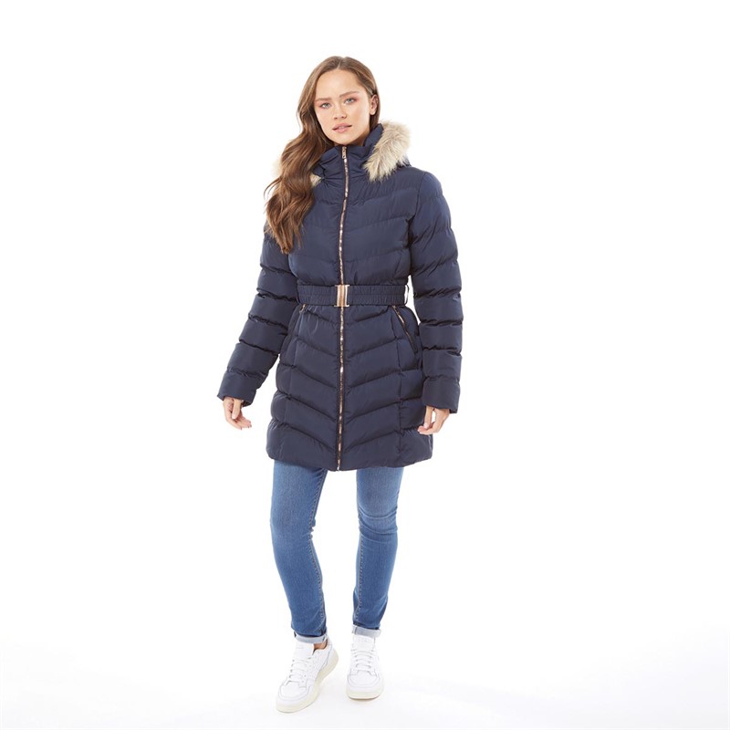 Buy Fluid Womens Belted Jacket With Faux Fur Trim Hood Moon Indigo