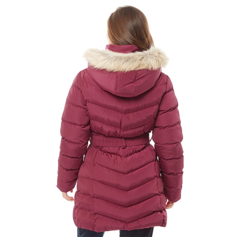 Buy Fluid Womens Belted Jacket With Faux Fur Trim Hood Tibetan Red