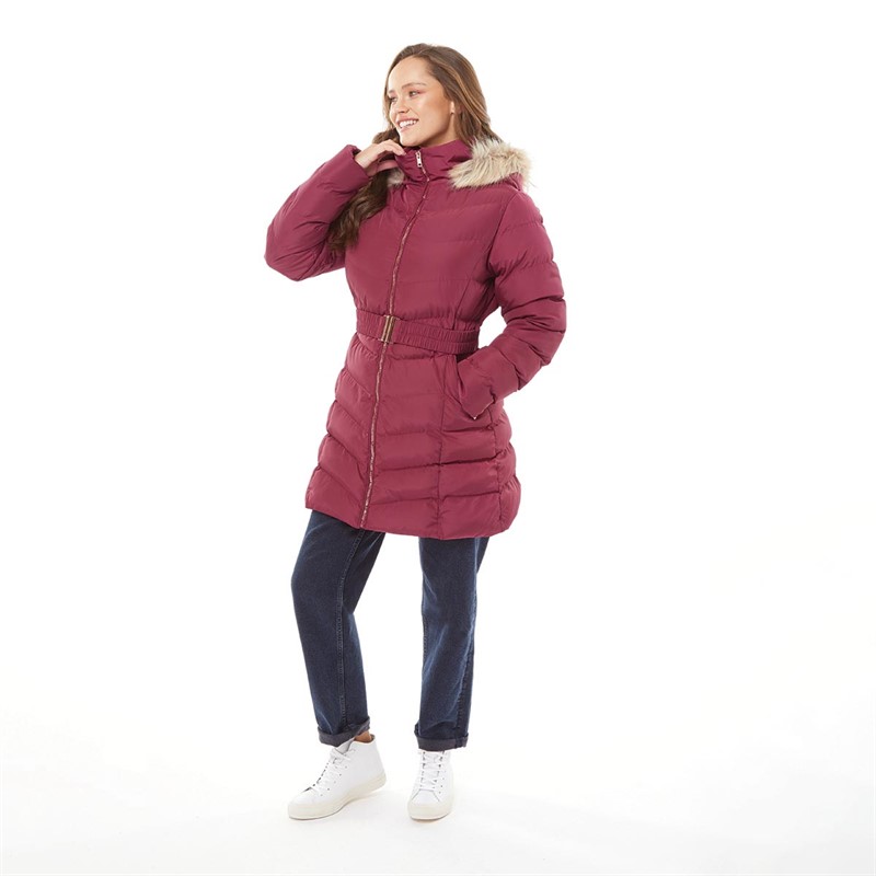 Buy Fluid Womens Belted Jacket With Faux Fur Trim Hood Tibetan Red