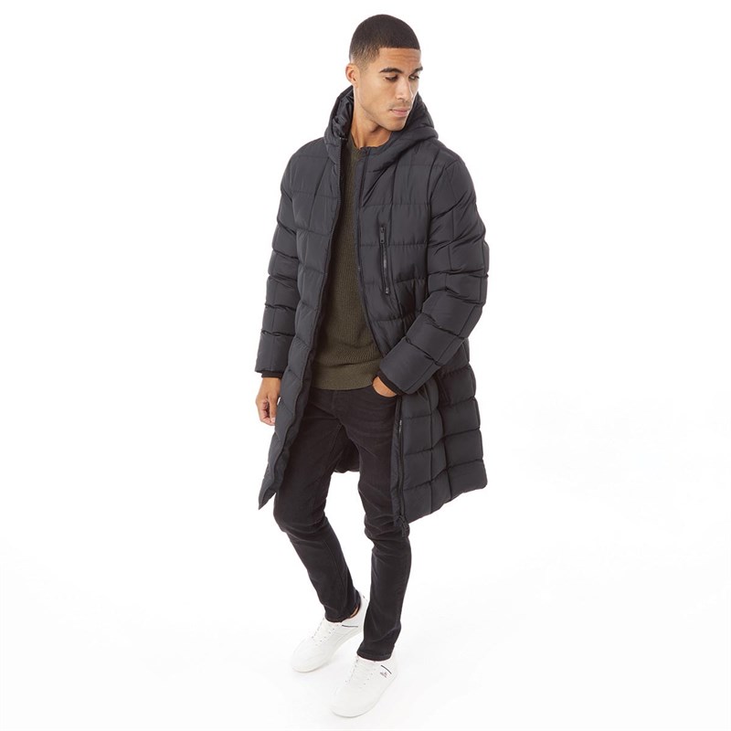 Buy Fluid Mens Quilted Hooded Longline Puffer Jacket Black