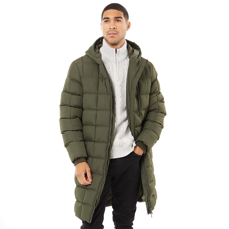 Buy Fluid Mens Quilted Hooded Longline Puffer Jacket Khaki
