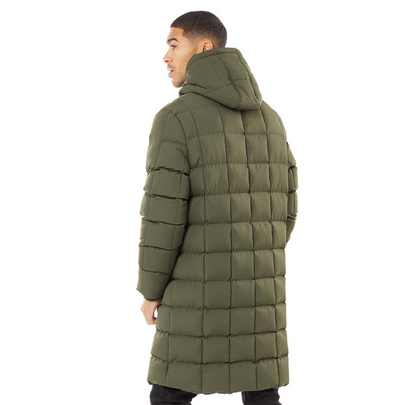 Buy Fluid Mens Quilted Hooded Longline Puffer Jacket Khaki