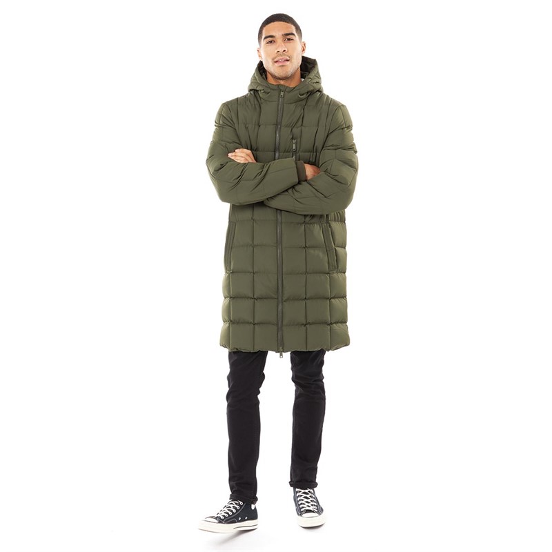 Buy Fluid Mens Quilted Hooded Longline Puffer Jacket Khaki