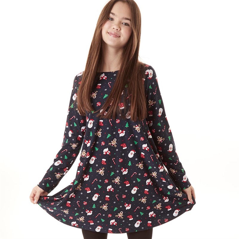 Buy Fluid Junior Long Sleeve AOP Christmas Dress Navy