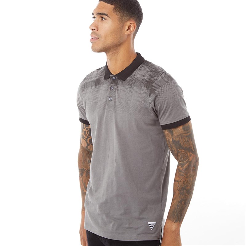 Buy Fluid Mens Checked Shoulder Polo Castlerock Grey