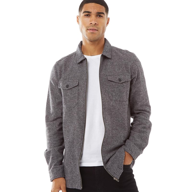 Buy Fluid Mens Zip Flannel Shacket Charcoal Marl