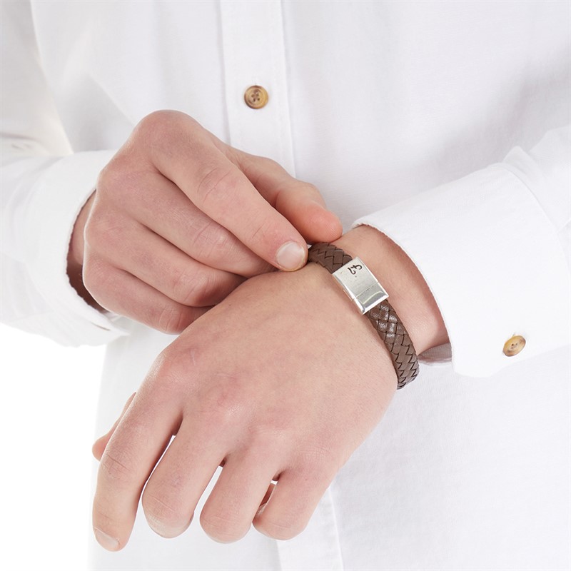 Buy Farah Mens Leather Bracelet Tan/Silver