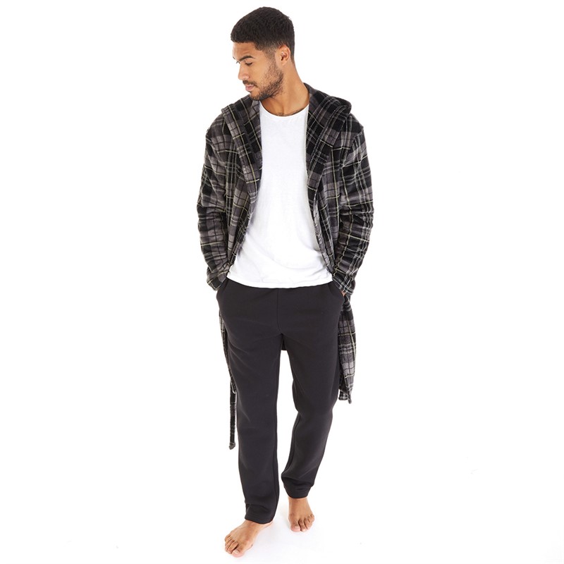 Buy Farah Mens Linbi Hooded Fleece Dressing Gown Black/Charcoal/Khaki