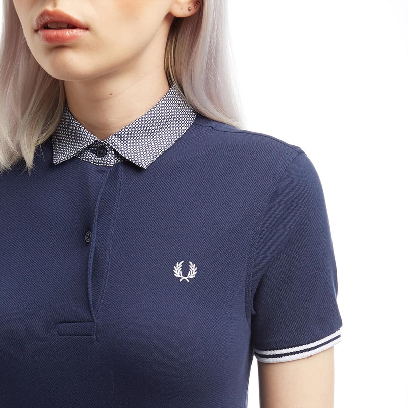 Buy Fred Perry Womens Woven Collar Pique Polo Carbon Blue