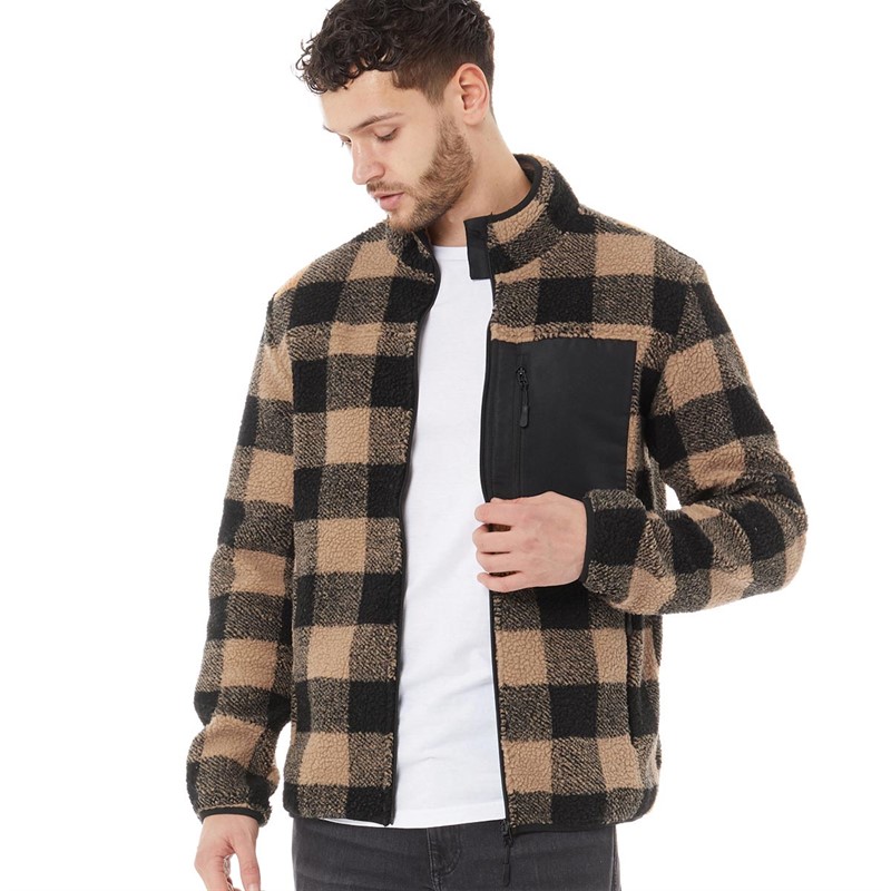 Buy Kangaroo Poo Mens Checked Zip Through Sherpa Jacket Tan/Black