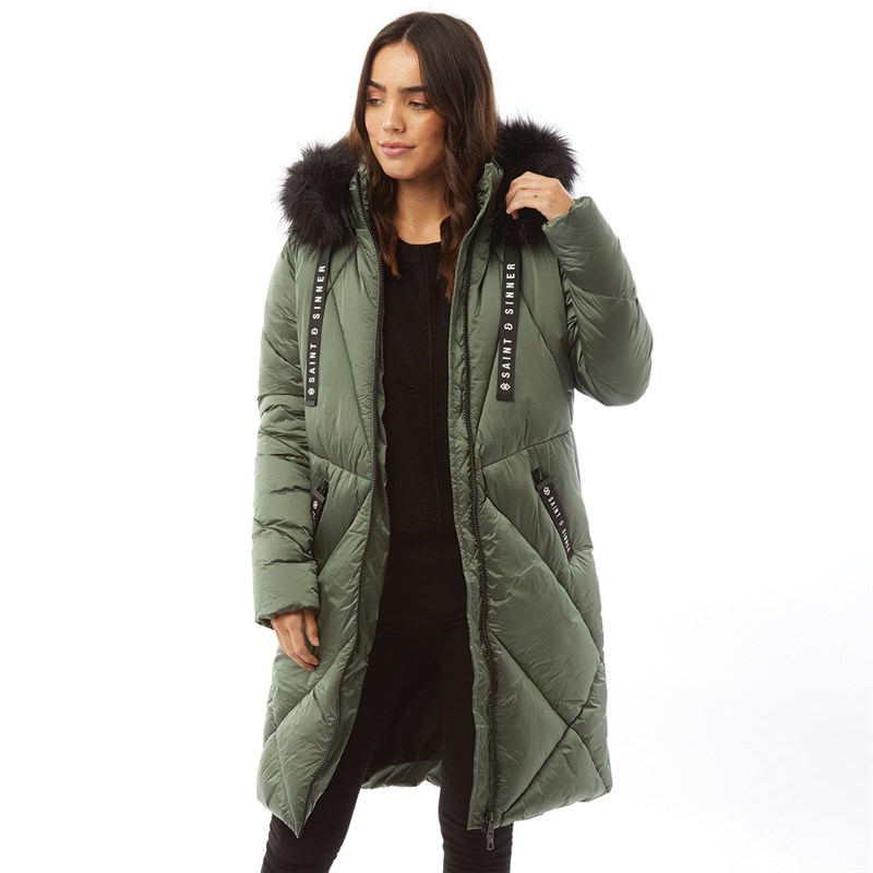 Buy SAINT AND SINNER Womens Peartree Longline Quilted Puffer Jacket Khaki