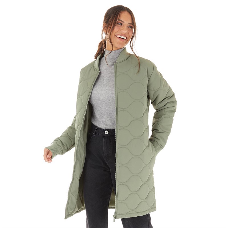 Buy Onfire Womens Long Collarless Onion Quilt Jacket Khaki