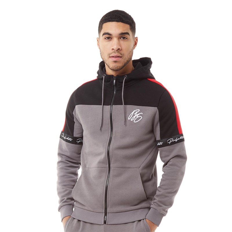 Buy Projekts Mens Baxley Zip Through Hoodie Mid Grey/Black/Red
