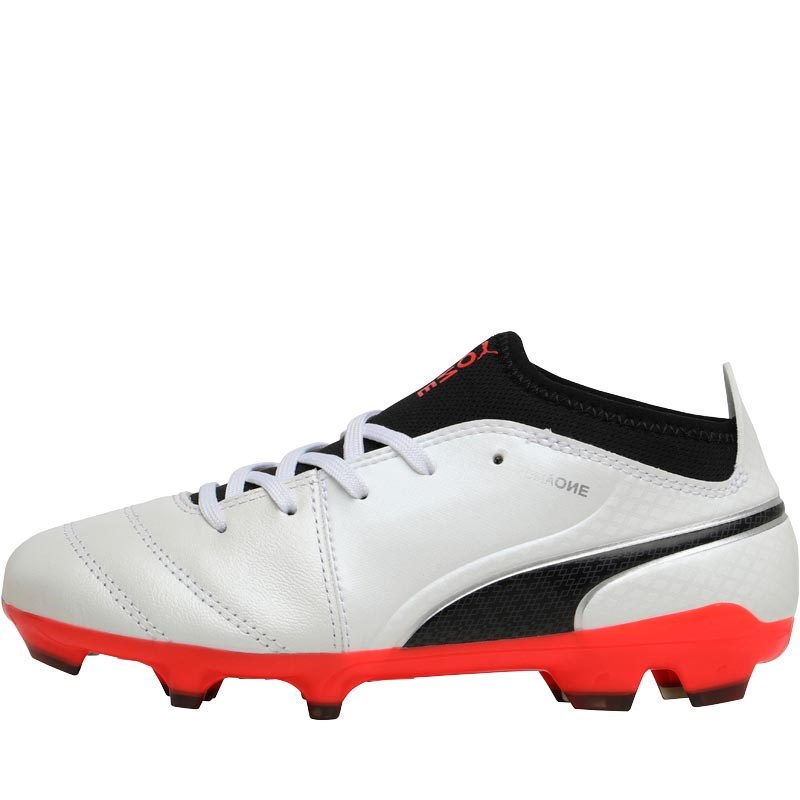 Buy Puma Junior One 17.3 FG Football Boots White/Black/Fiery Coral