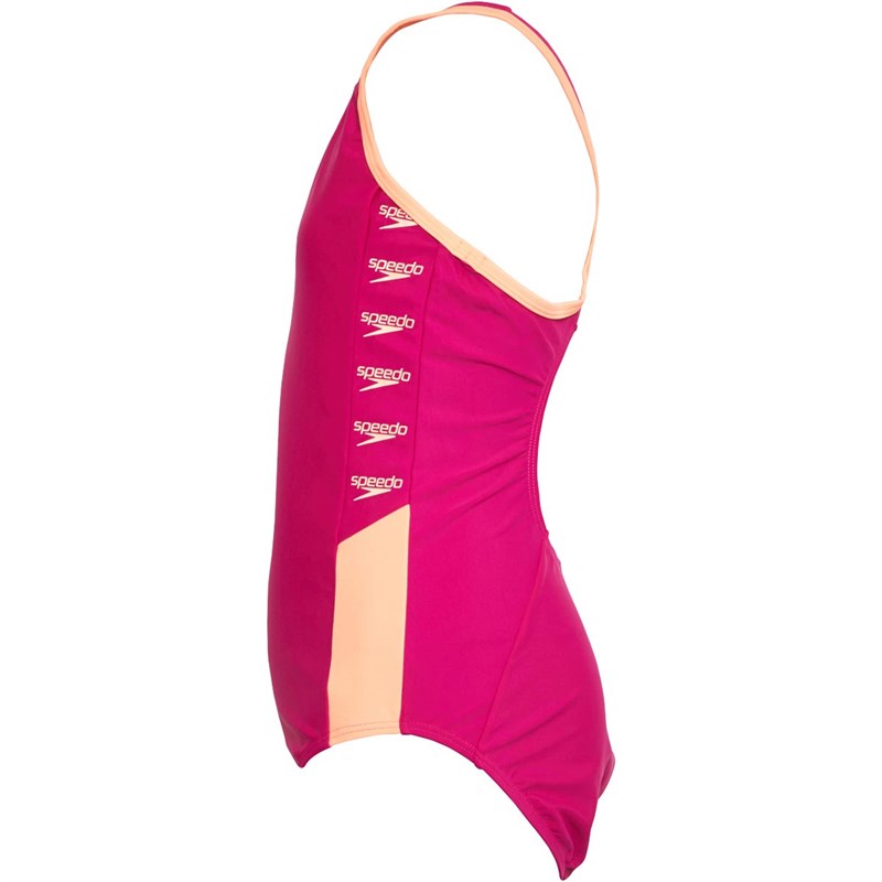 Buy Speedo Junior Boom Logo Splice Muscleback Swimsuit Pink/Orange