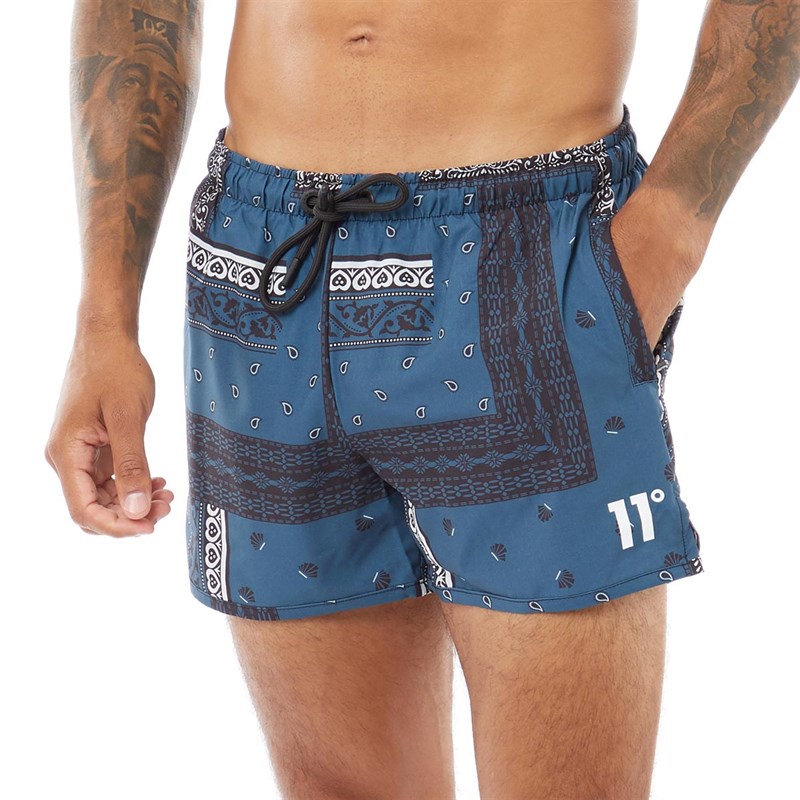 Buy 11 Degrees Mens All Over Print Swim Shorts Blue / Black / White