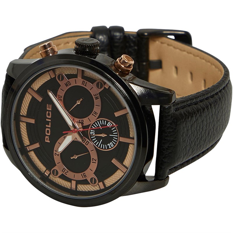 Buy Police Mens Leather Strap Watch Black
