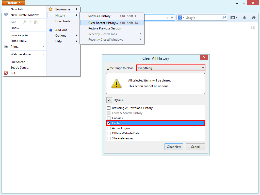 Troubleshooting and problem solution > Delete Browser Cache