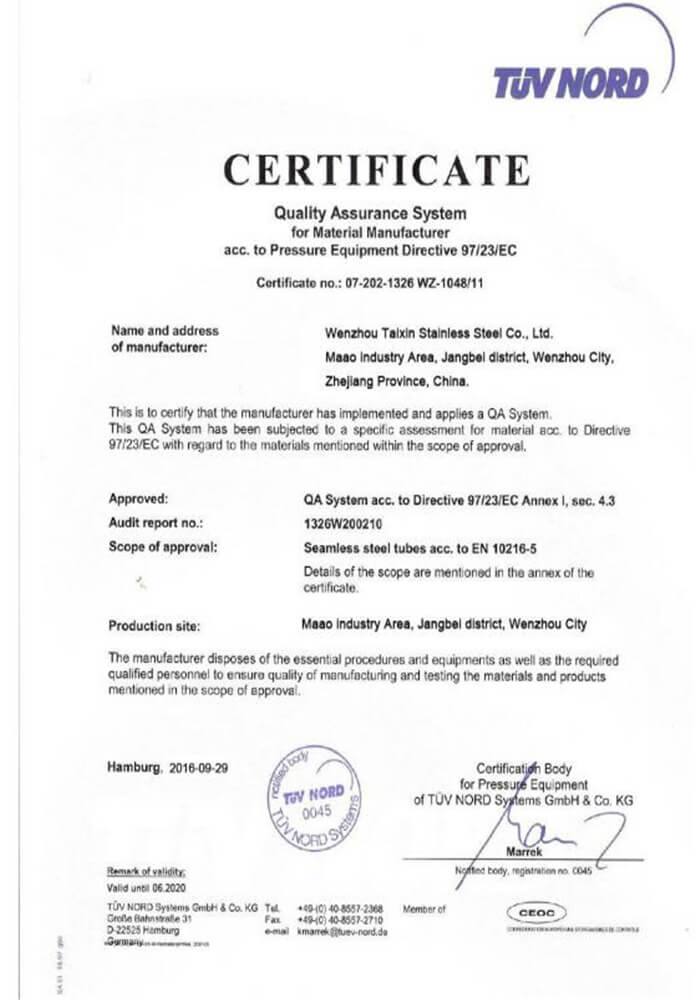 Best Seller stainless steel certificate Supplier Wenzhou Taixin Steel