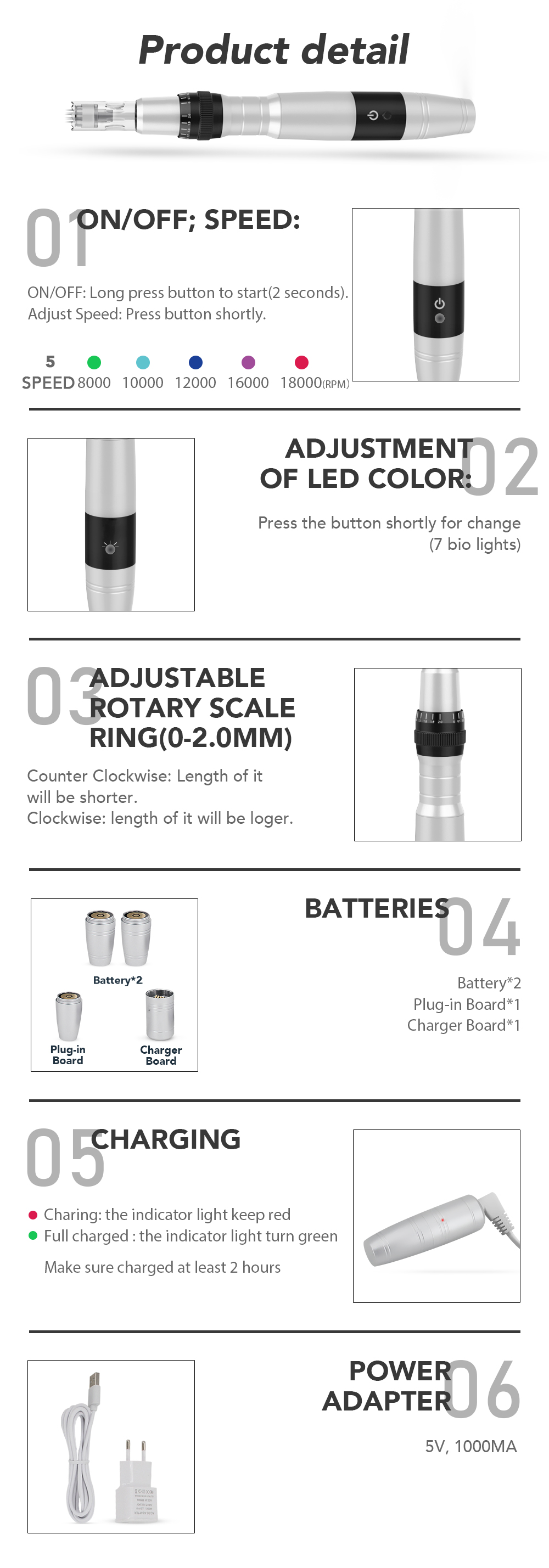 OstarBeauty Custom 3 Batteries LED Light Power Microneedling Device
