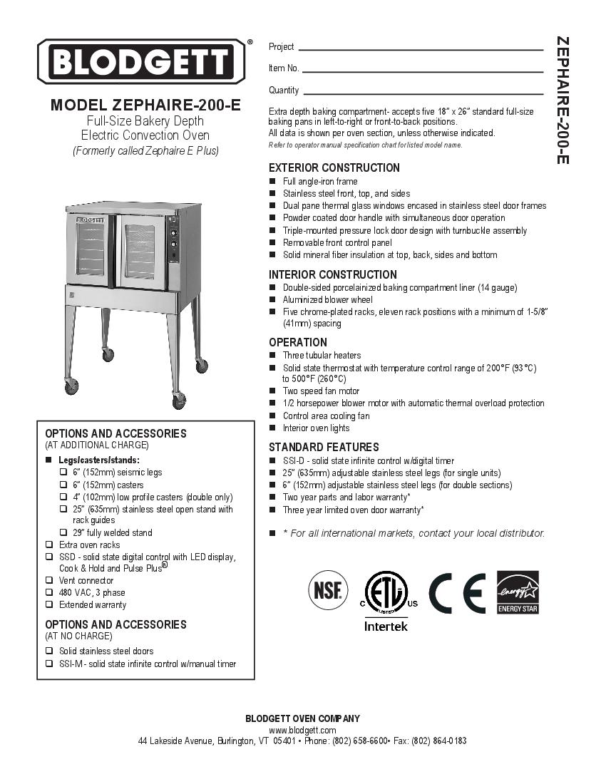 Blodgett ZEPHAIRE200E FullSize Bakery Depth Electric Convection Oven