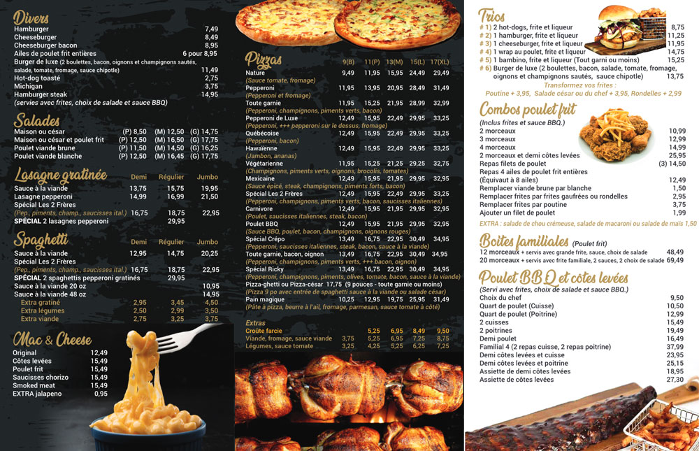 Restaurant Les 2 Frères Pizzeria et Poulet Frit de SaintJeansurRichelieu Menu à emporter