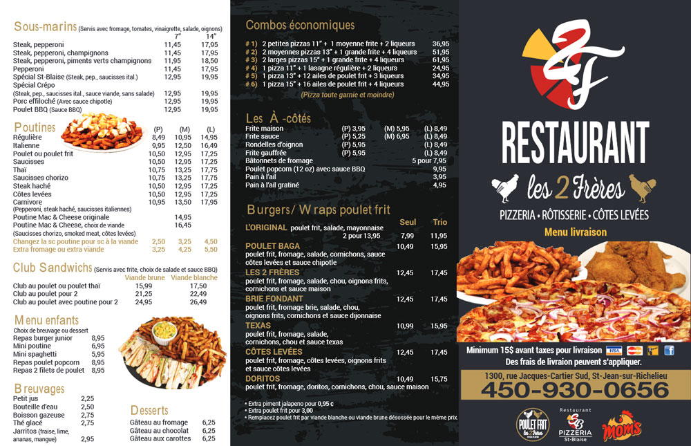 Restaurant Les 2 Frères Pizzeria et Poulet Frit de SaintJeansurRichelieu Menu livraison