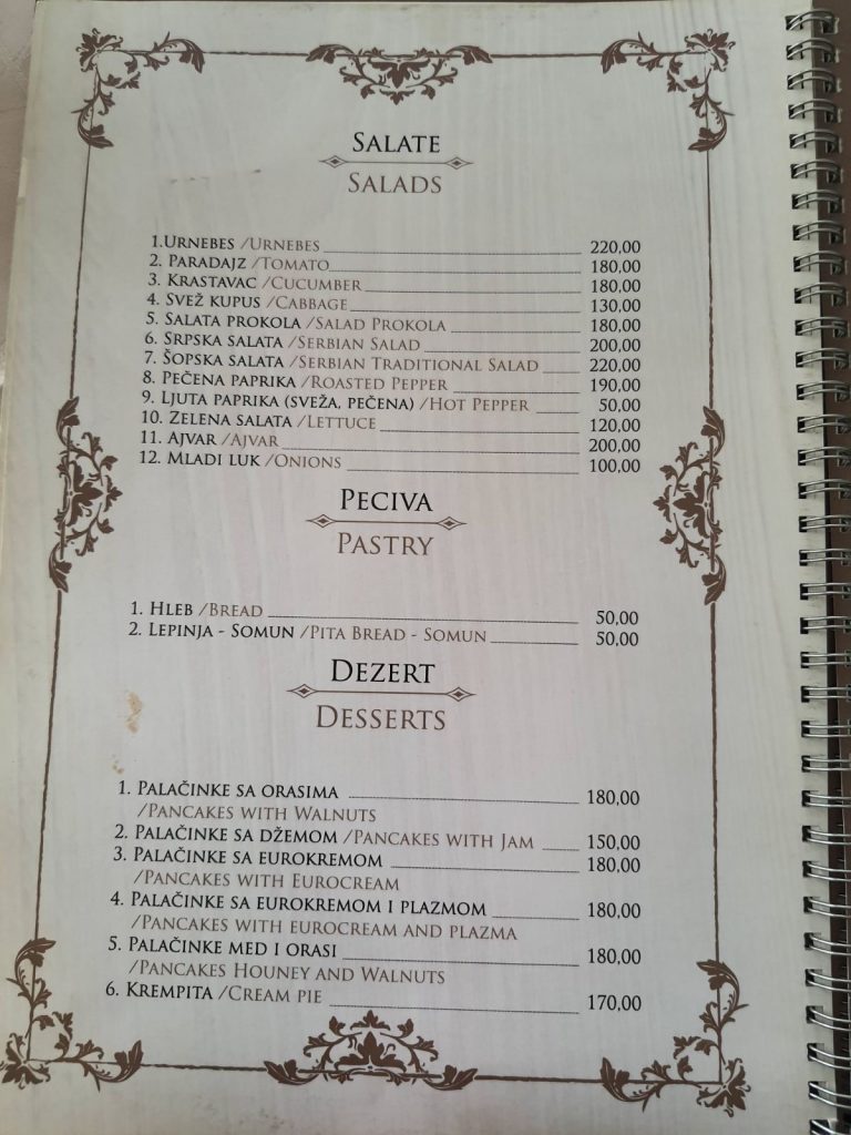Meni Restoran Bjeko Cene
