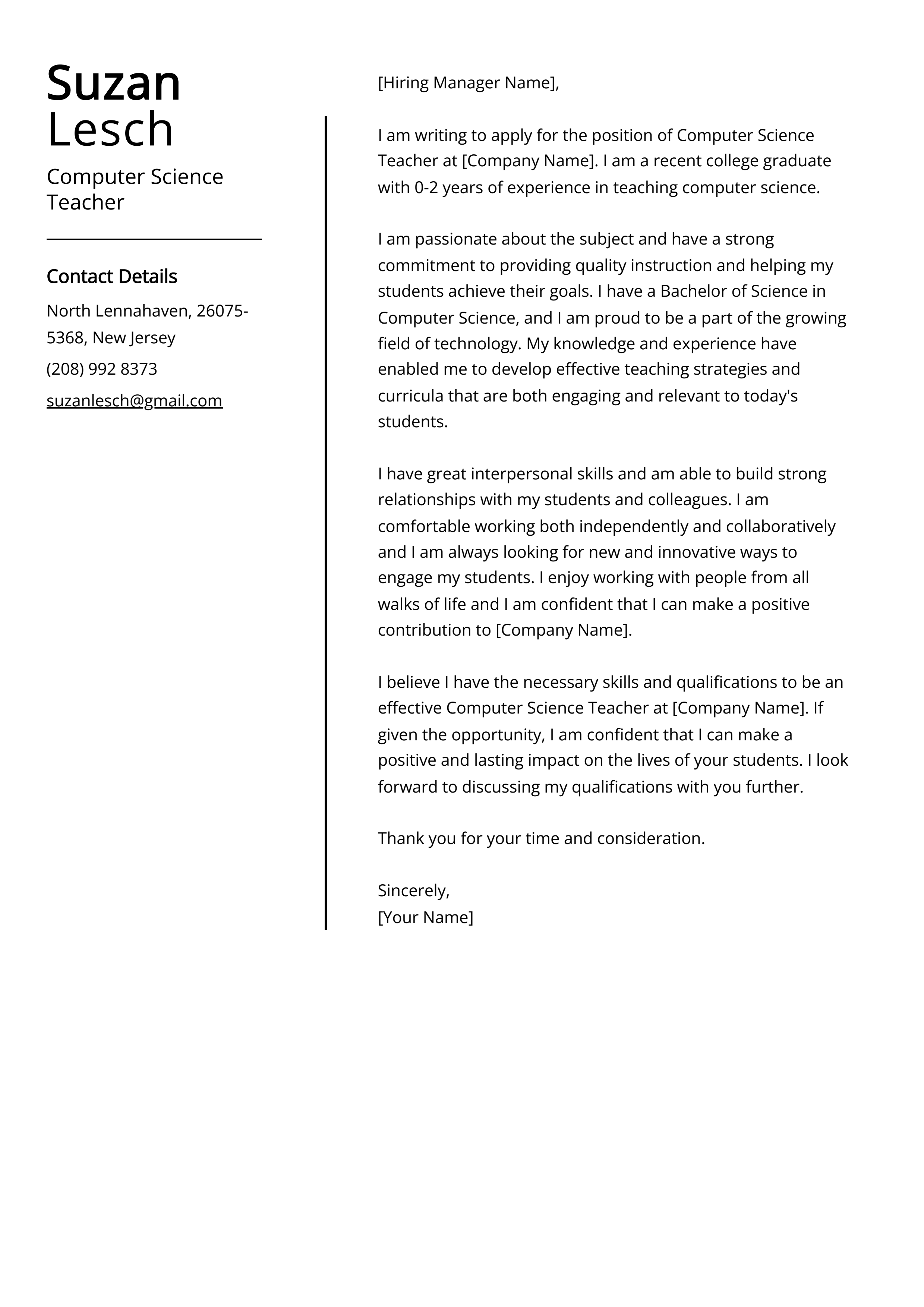 Computer Science Teacher Cover Letter Example (Free Guide)