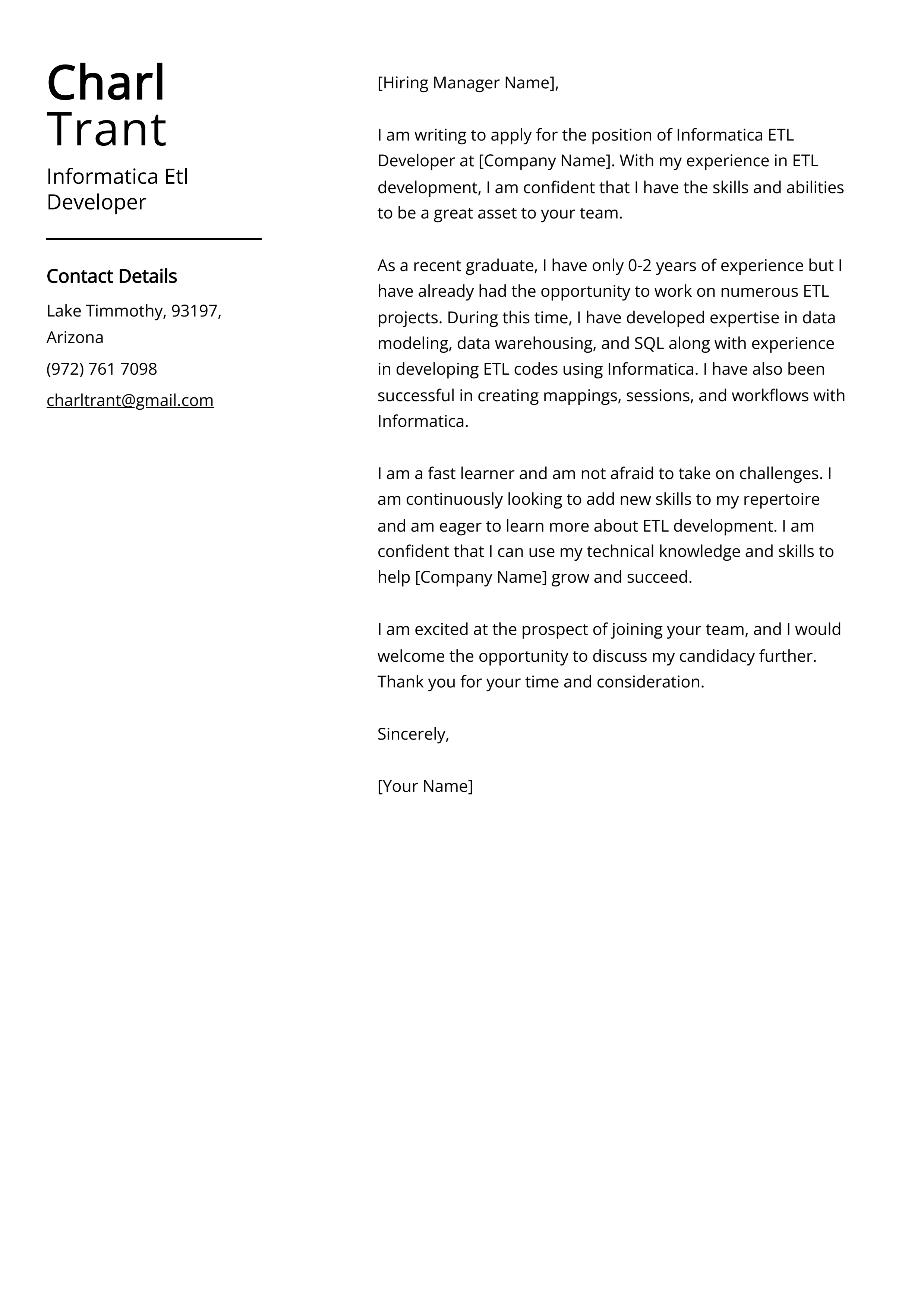 Informatica Etl Developer Cover Letter Sample & Guide (Entry Level