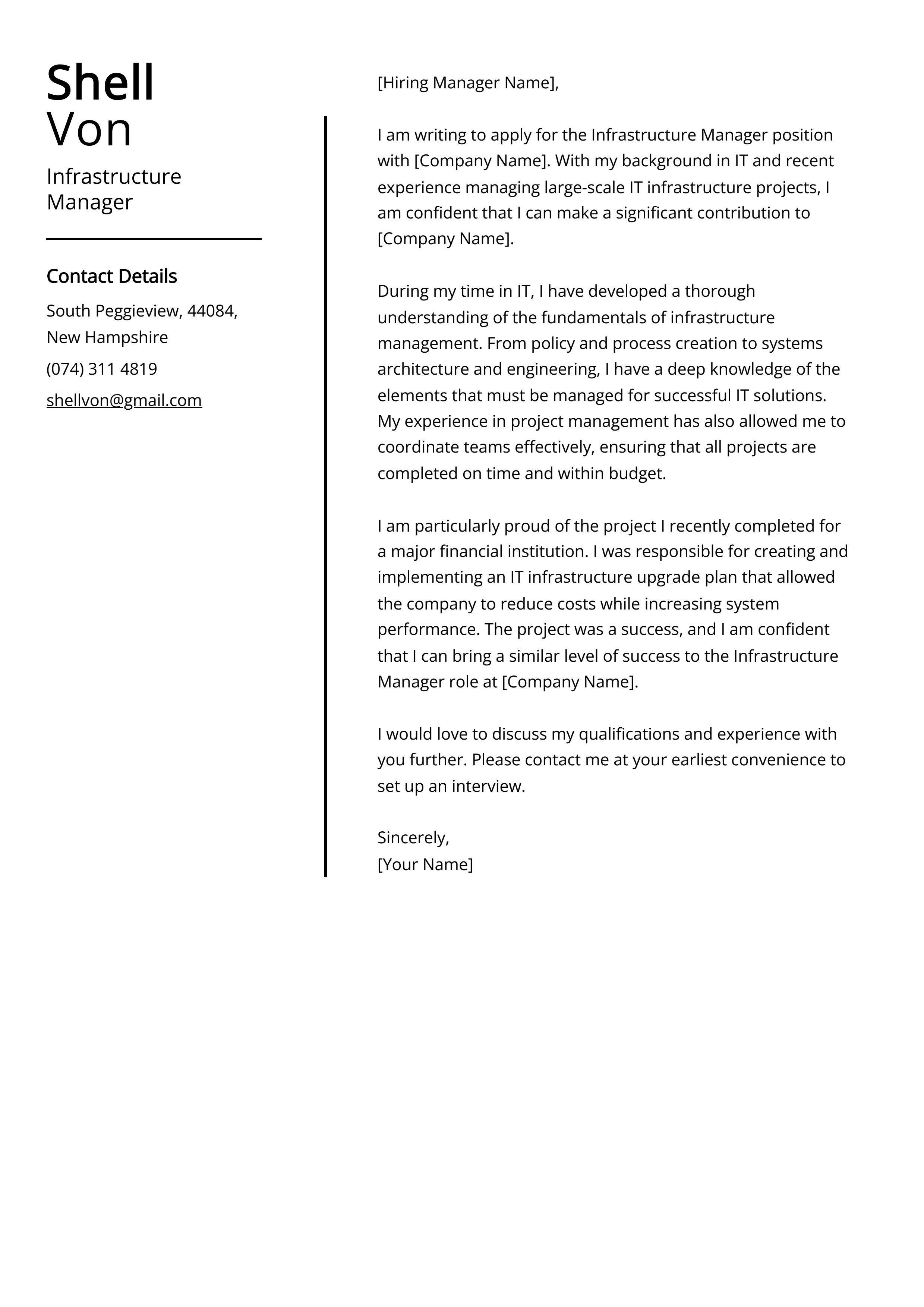 Infrastructure Manager Cover Letter Sample & Guide (Entry Level