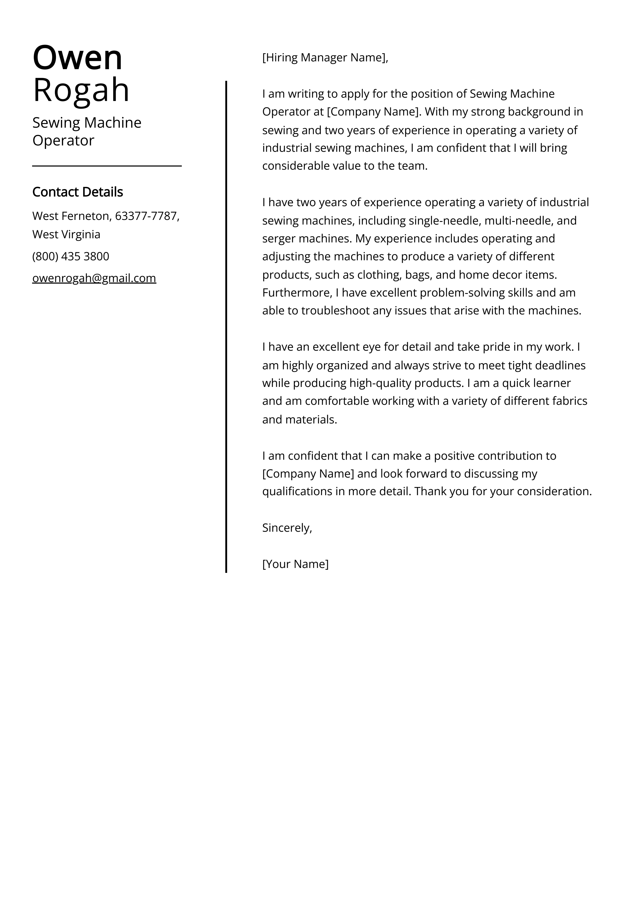 Sewing Machine Operator Cover Letter Examples (Template & 20+ Tips)