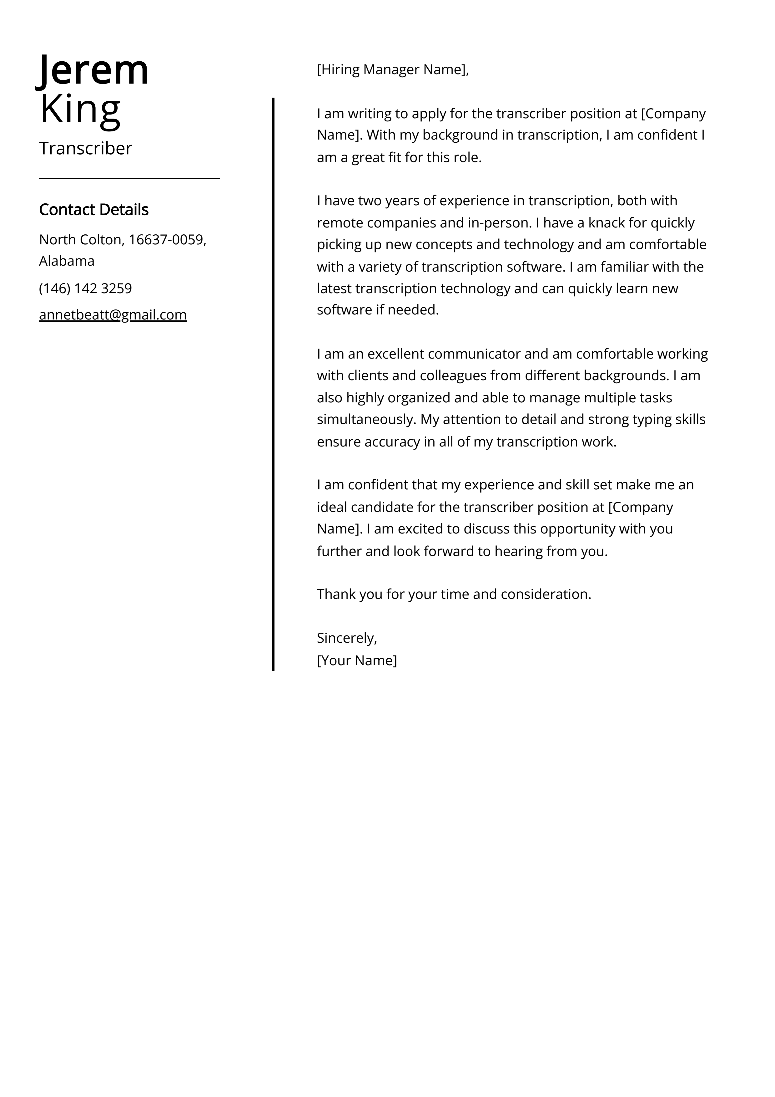 Transcriber Cover Letter Example (Free Guide)