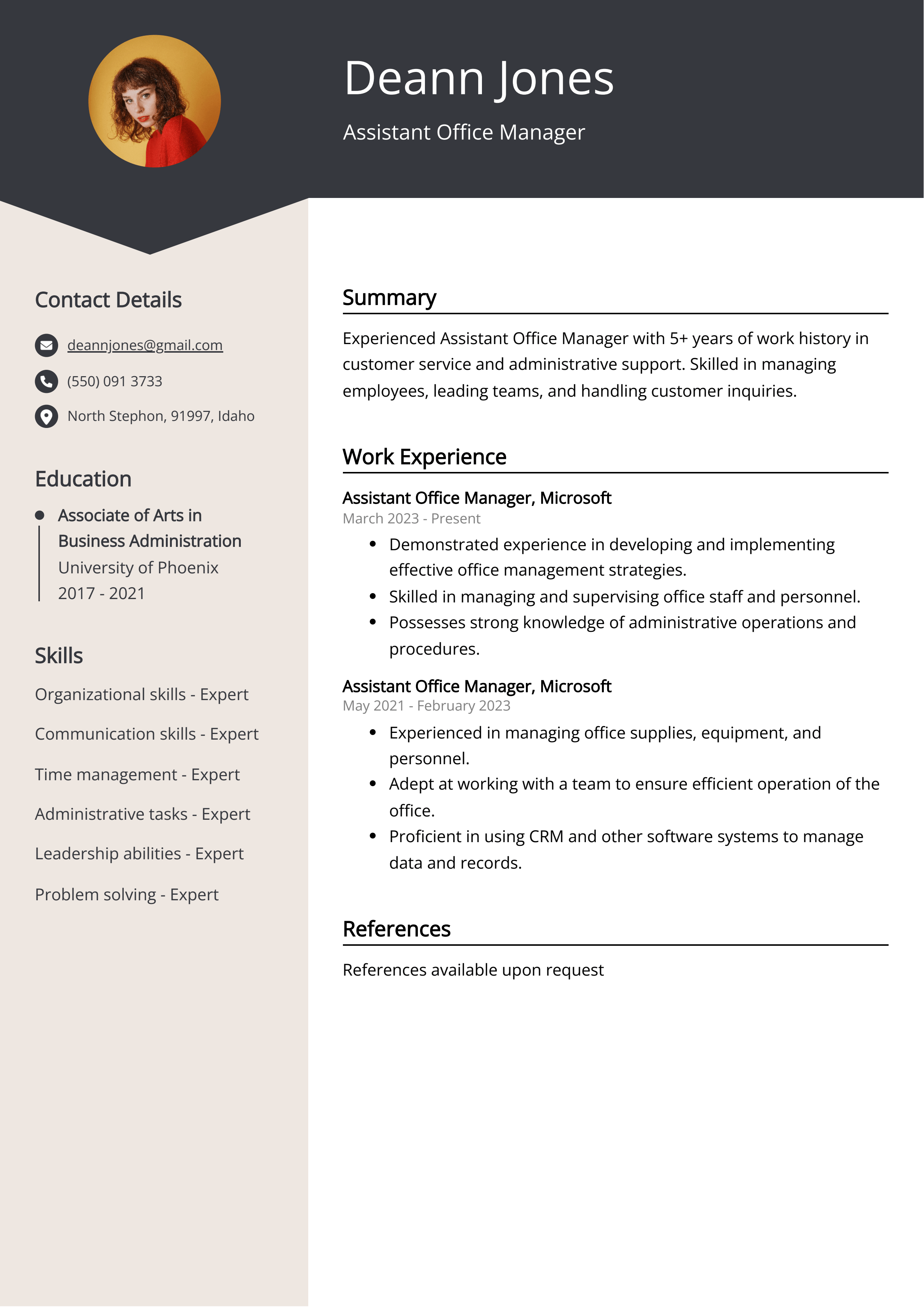 Assistant Office Manager Resume Example for 2025 (Skills &amp; Templates)