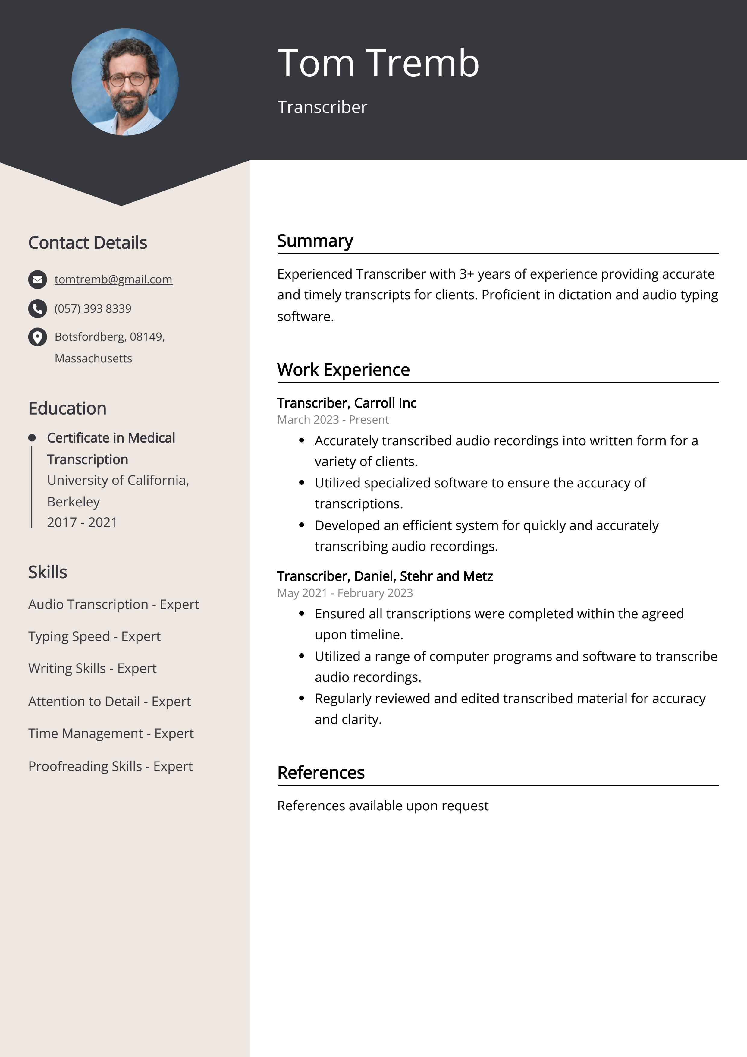 Transcriber Resume Example (Free Guide)