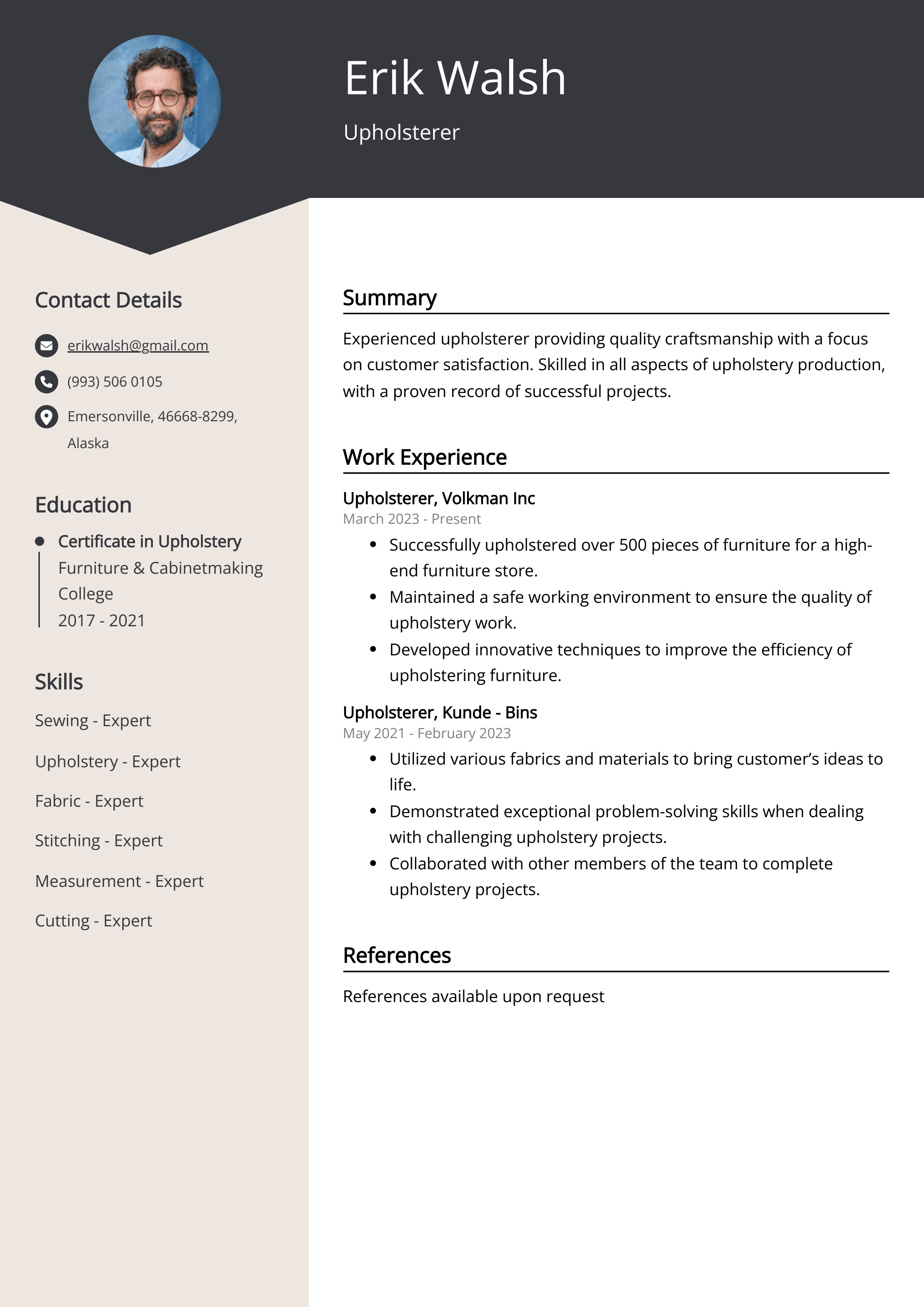 Upholsterer Resume Examples & Guide