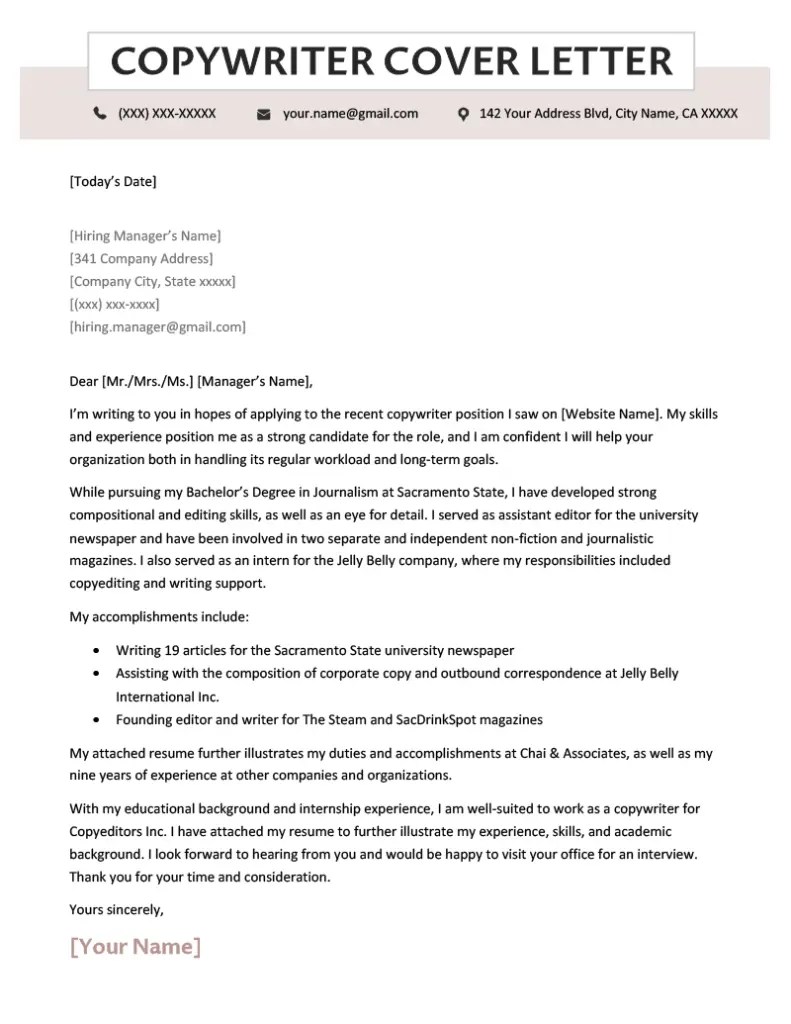 Copywriter Cover Letter Example & Writing Guide